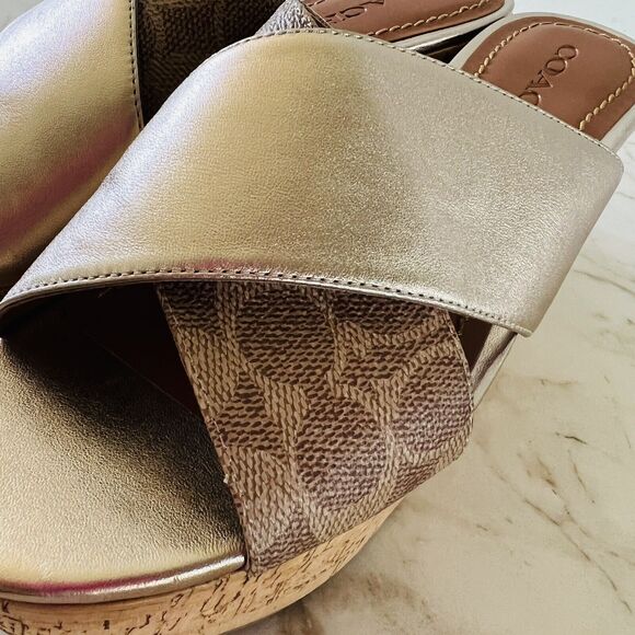 COACH Gold Brown Logo Wedge Heel Platform Slide Sandals - US 9.5 - Picture 4 of 8